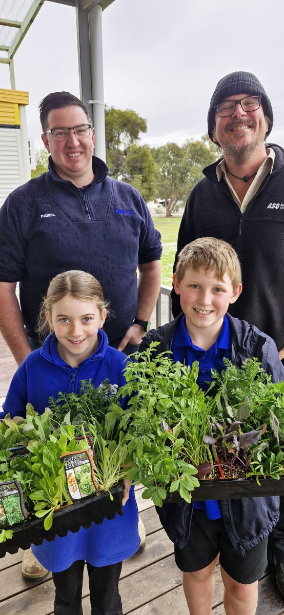 Pictured is the seedings donation to Newstead Primary School, with students Tyler and Mahalia joined by Daniel Price, Site Manager, and David Wakeham, Nursery Manager and Greenlife Buyer from ASQ Garden & Landscape Castlemaine.
